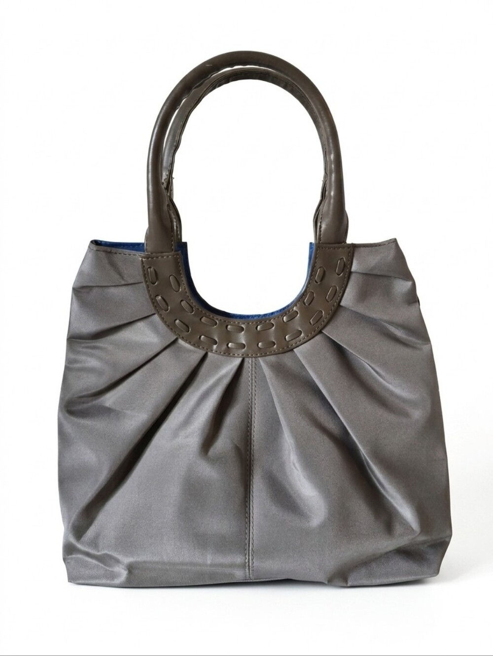 Grey Satin Top Handle Satchel Bag – EUC w/ Blue Interior